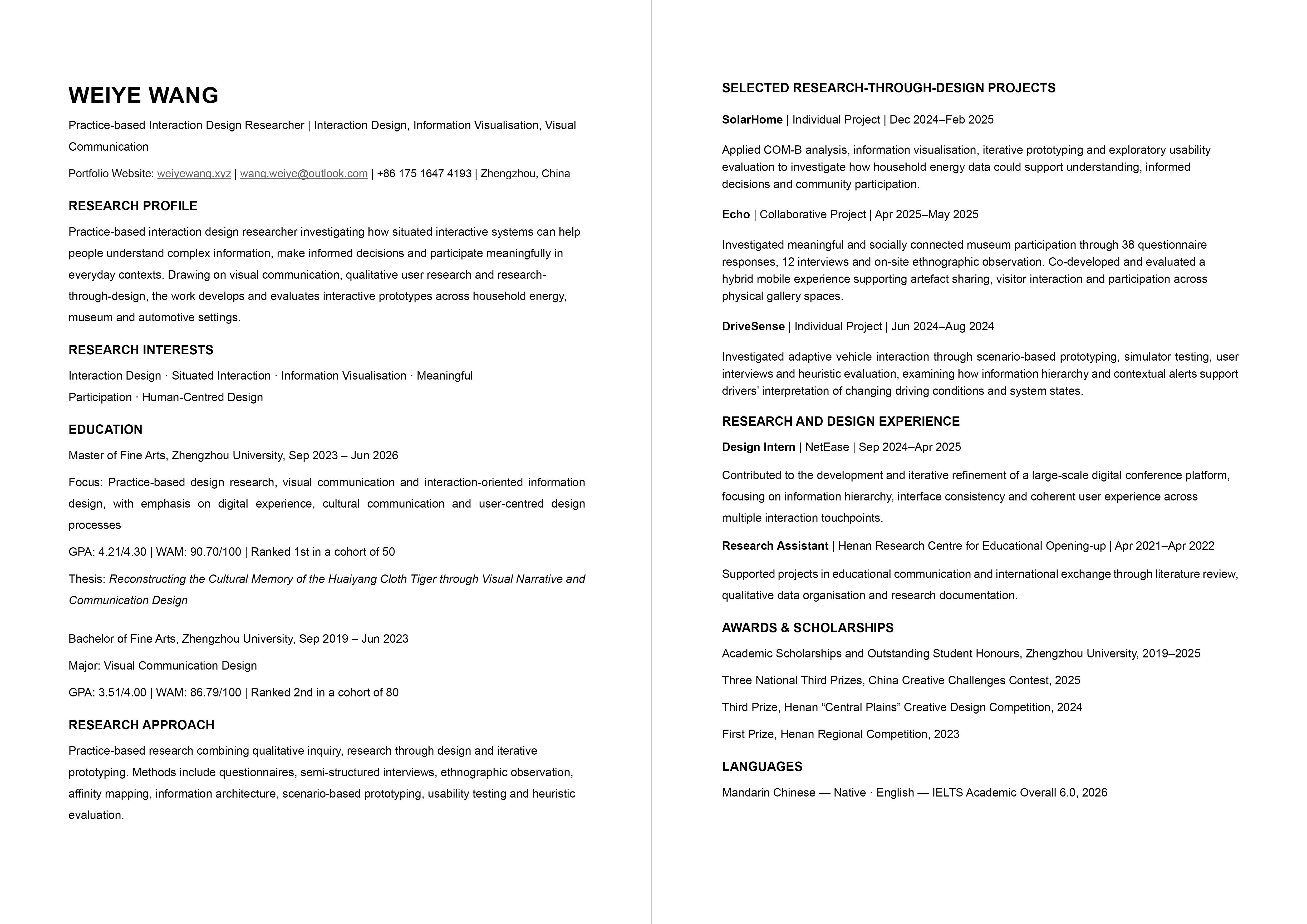 Weiye Wang curriculum vitae
